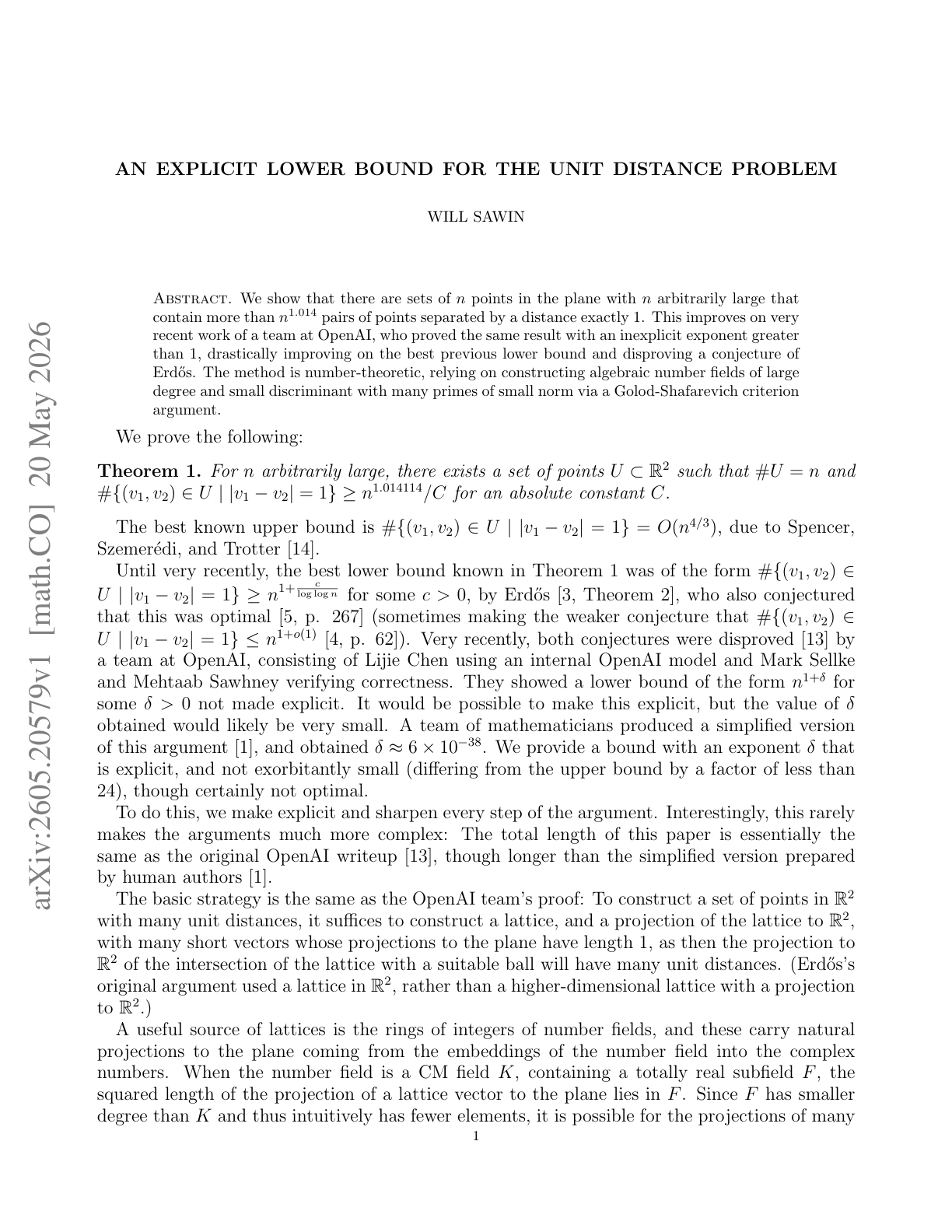 OpenAI Disproves the Unit Distance Conjecture