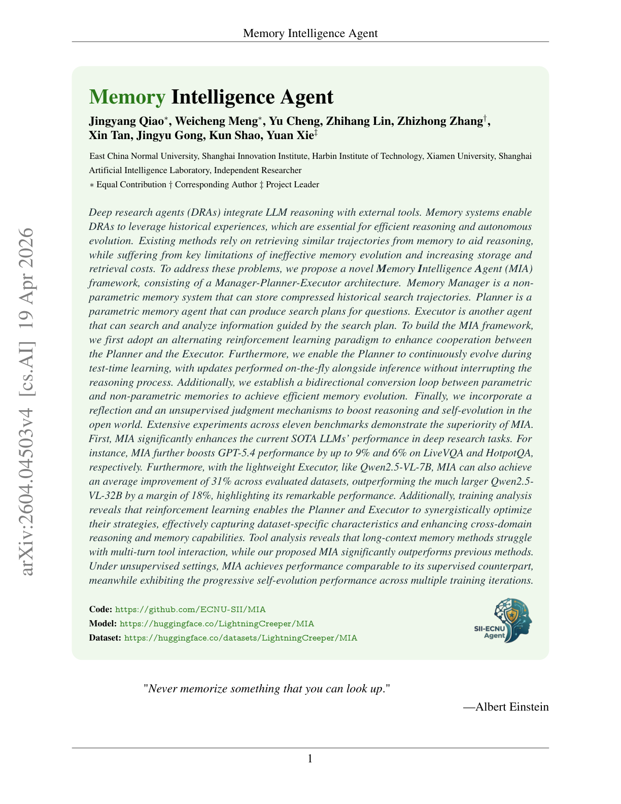 Memory Intelligence Agent (MIA)