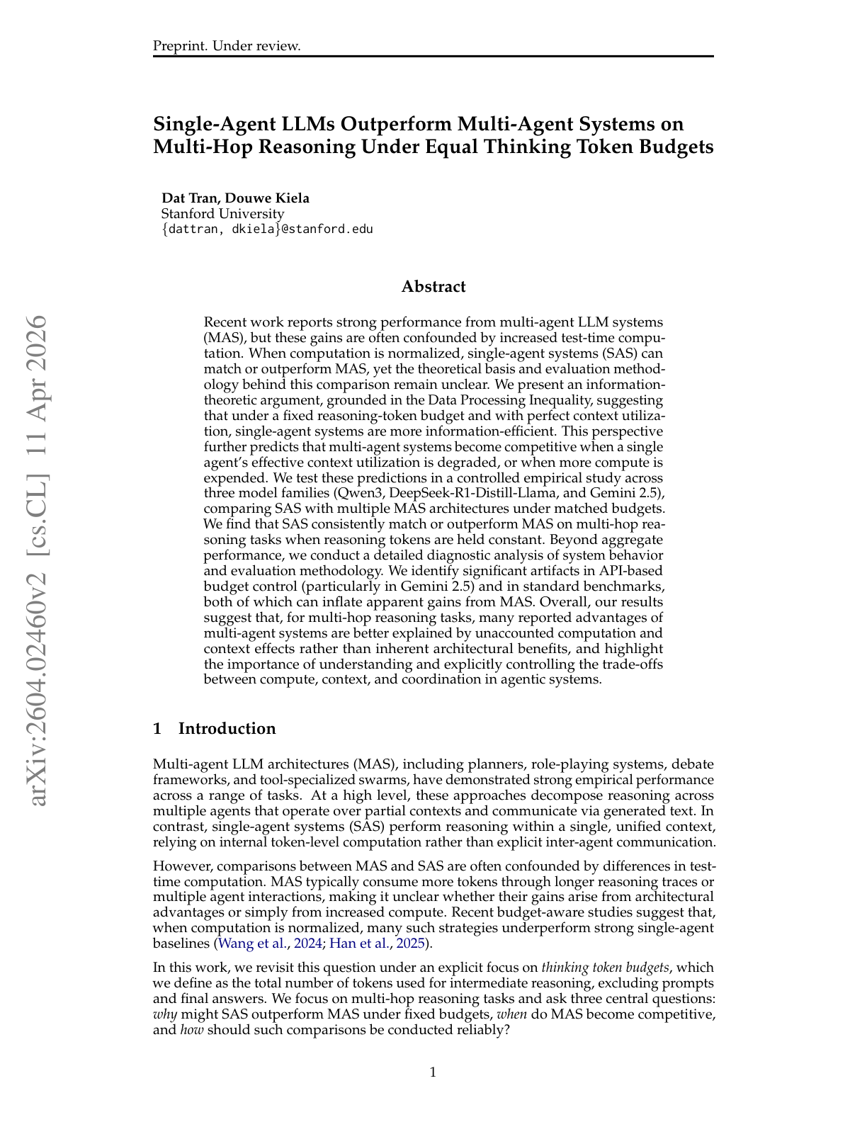 Single-Agent LLMs vs. Multi-Agent Systems