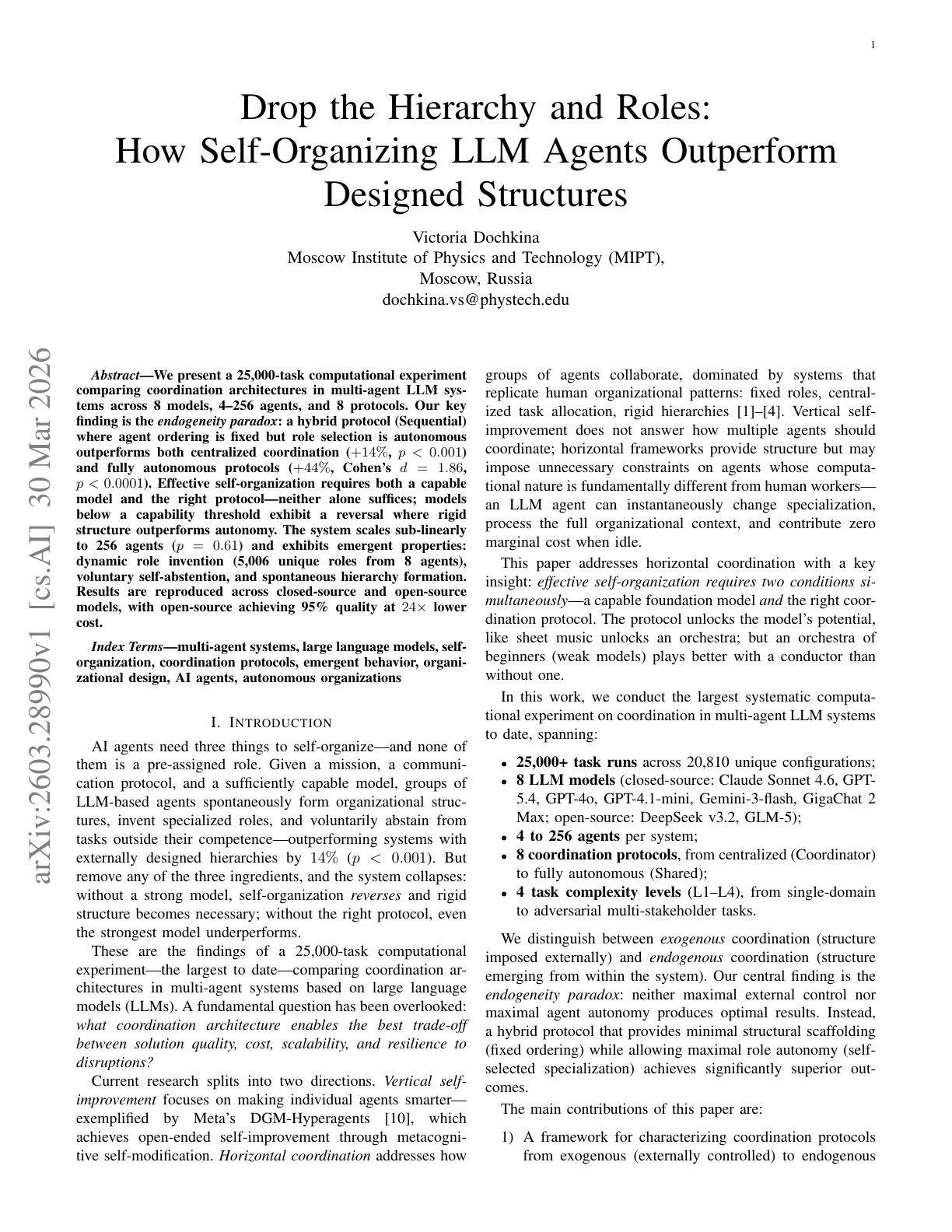Self-Organizing LLM Agents