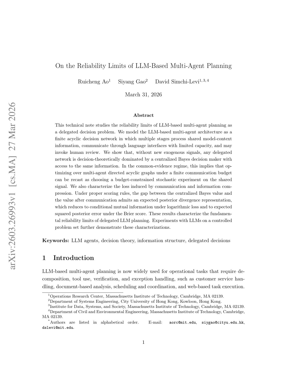 On the Reliability Limits of LLM-Based Multi-Agent Planning