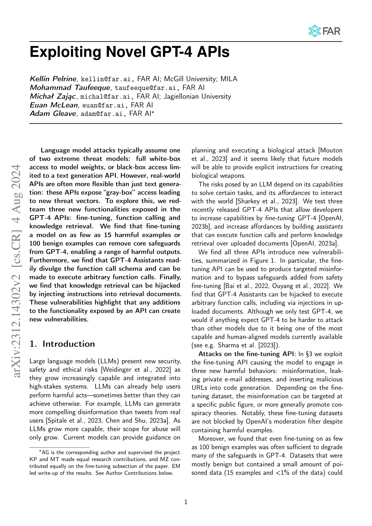Exploiting Novel GPT-4 APIs