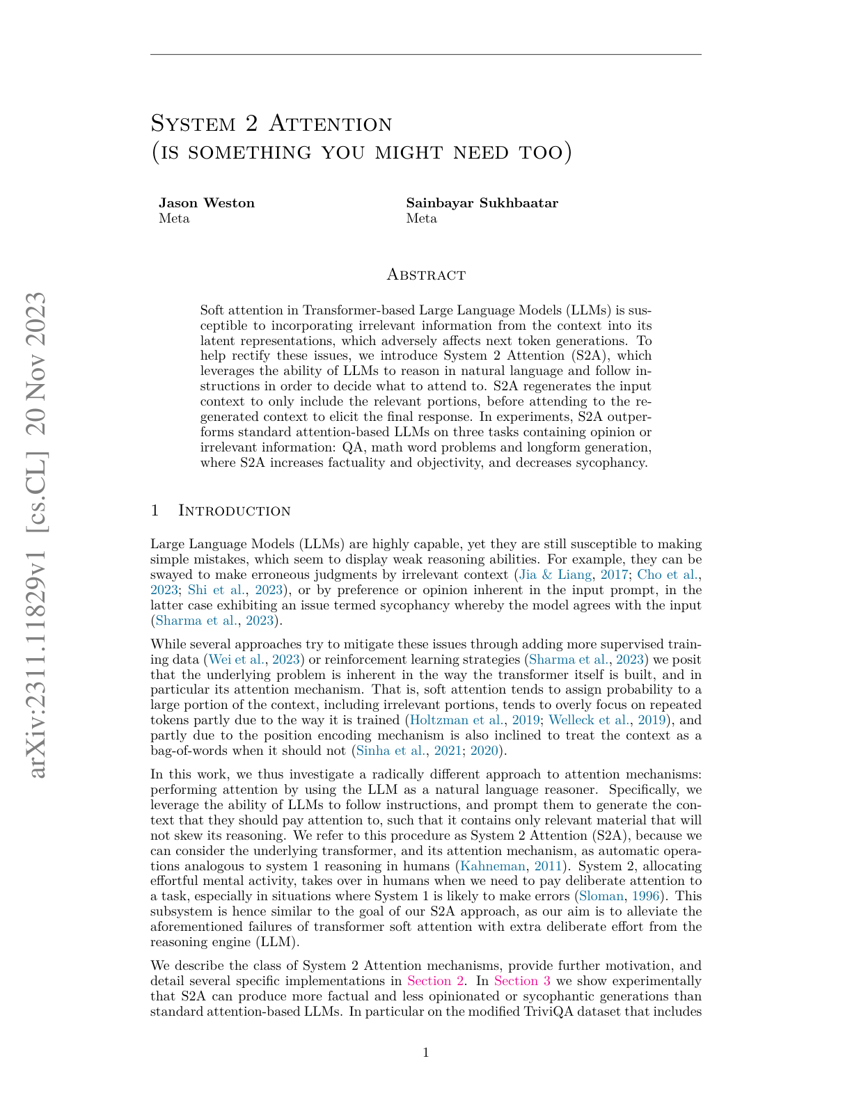 System 2 Attention (S2A)