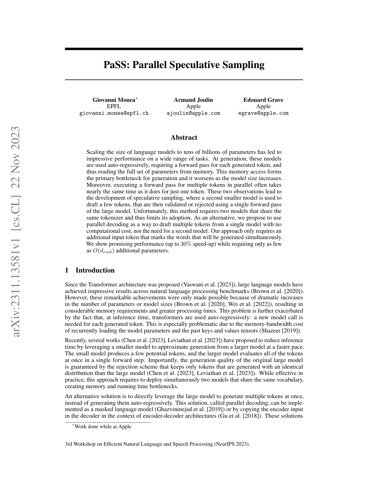 Parallel Speculative Sampling