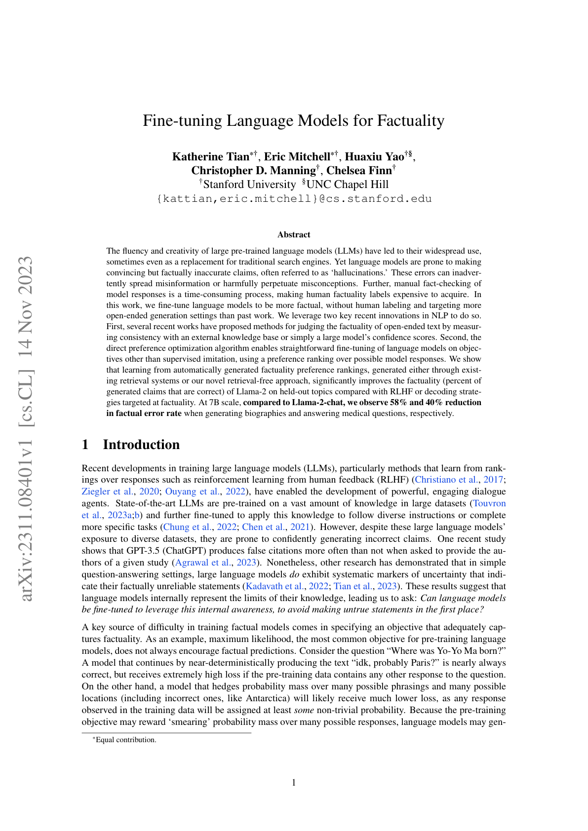 Fine-Tuning LLMs for Factuality