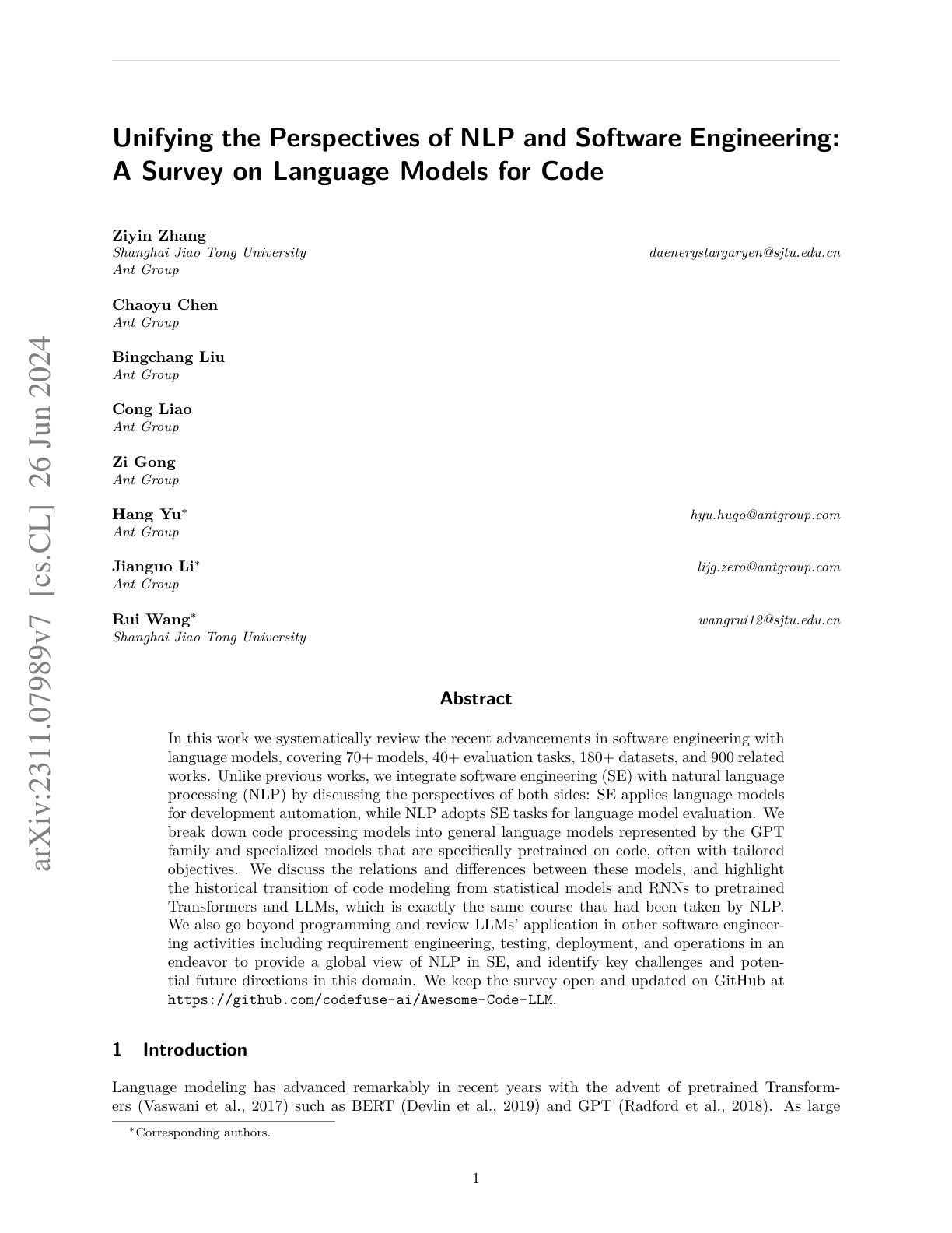 Survey on Language Models for Code