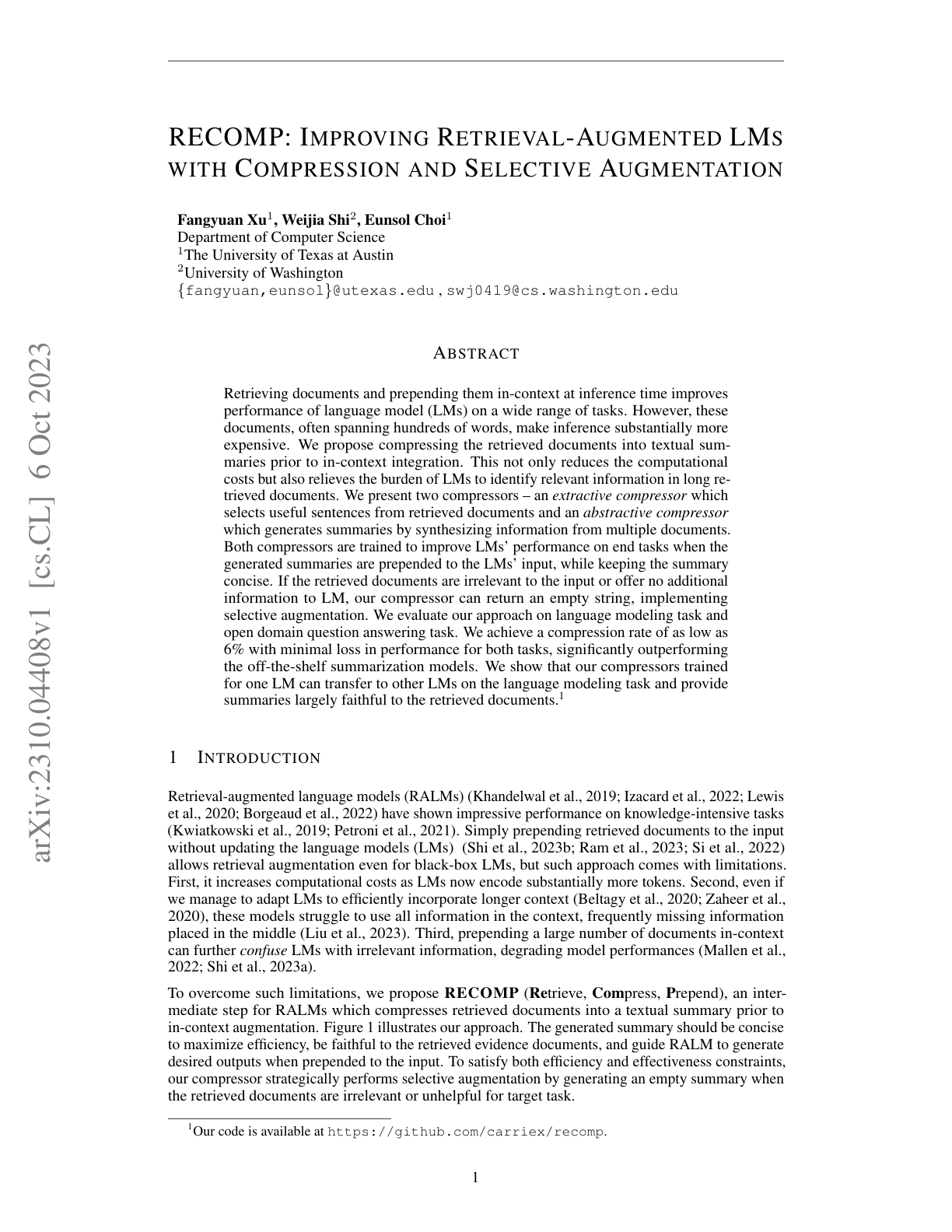 RECOMP (Retrieval-Augmented LMs with Compressors)