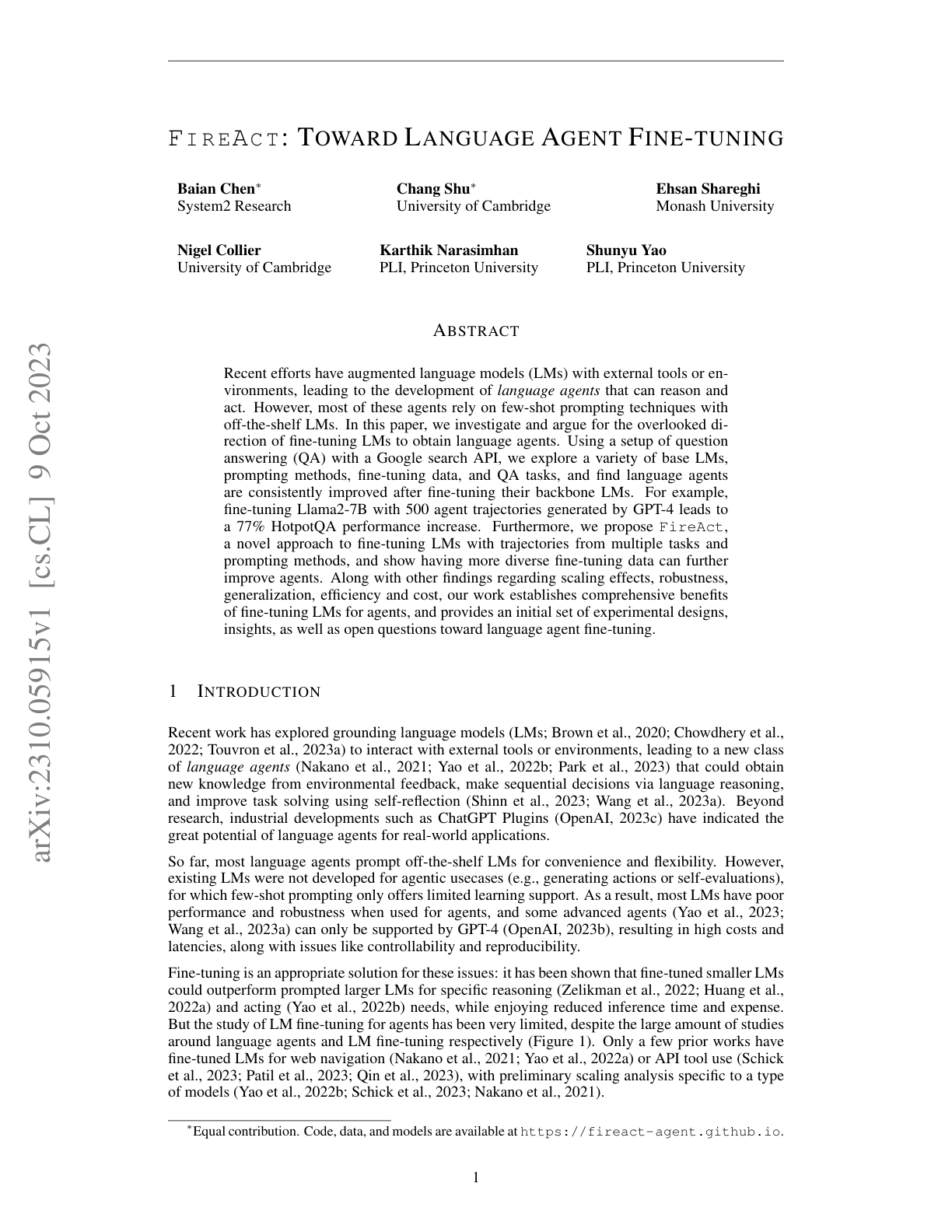 FireAct (Language Agent Fine-tuning)