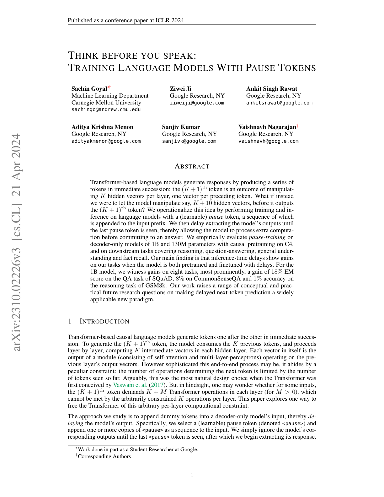 Training LLMs with Pause Tokens