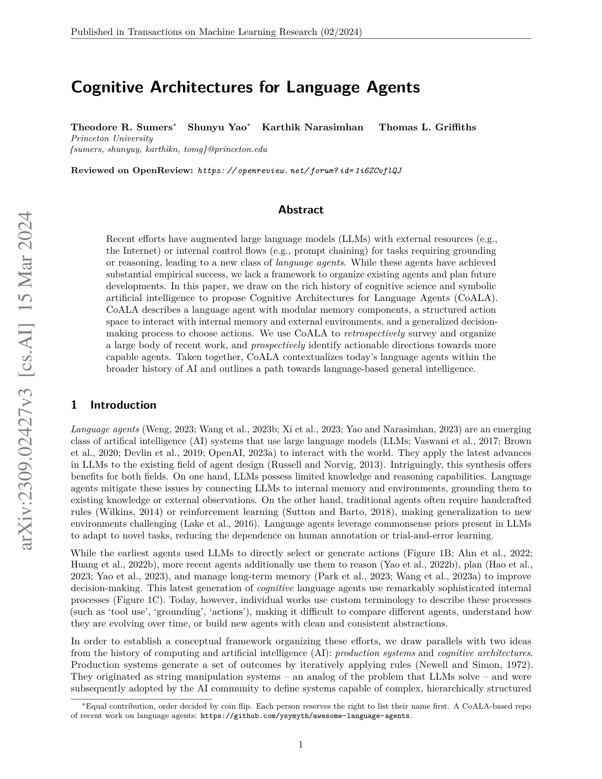 Cognitive Architectures for Language Agents (CoALA)