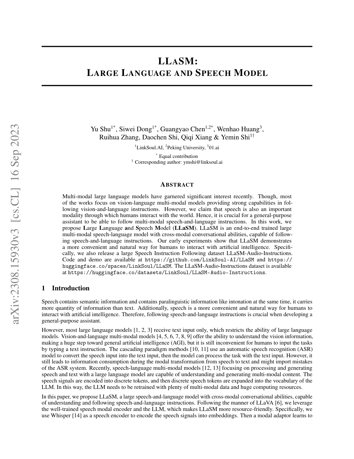 LLaSM (Large Language and Speech Model)