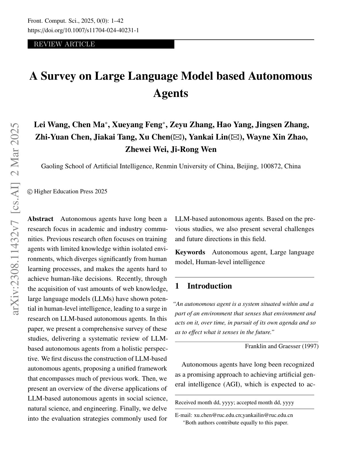LLM-Based Autonomous Agents Survey