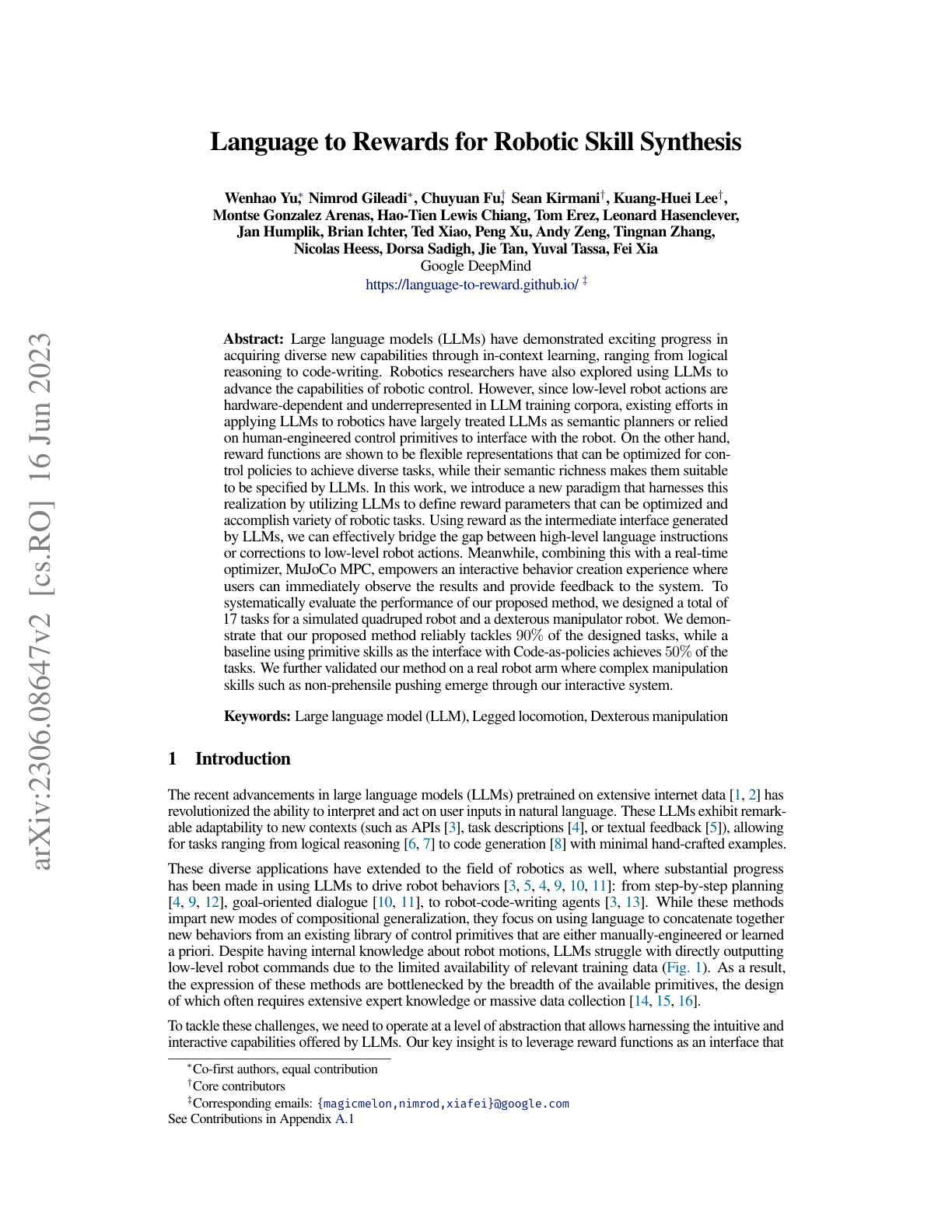 Language to Rewards for Robotic Skill Synthesis