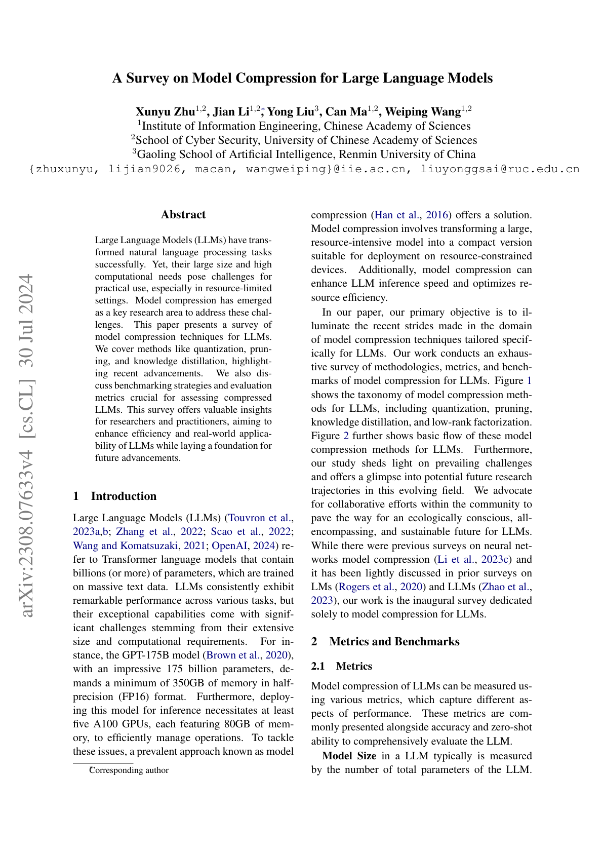 Model Compression for LLMs Survey