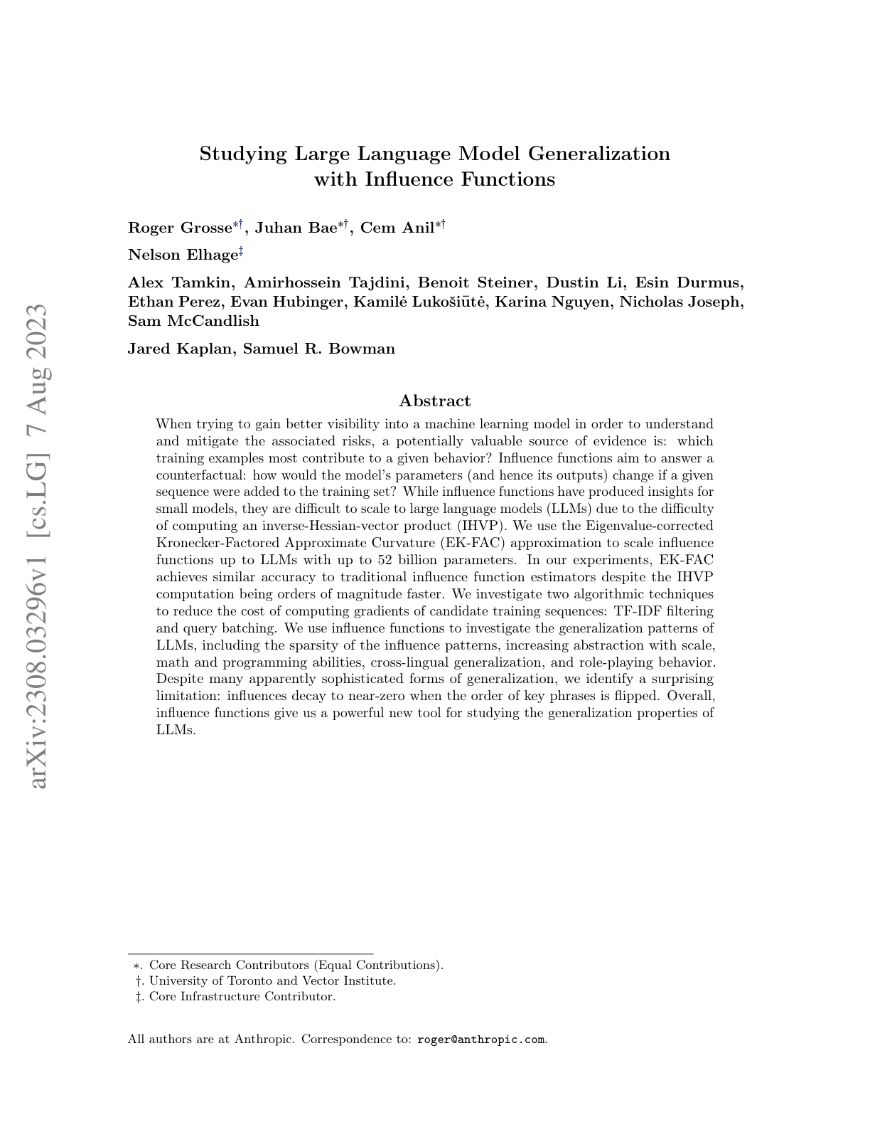 Studying LLM Generalization with Influence Functions