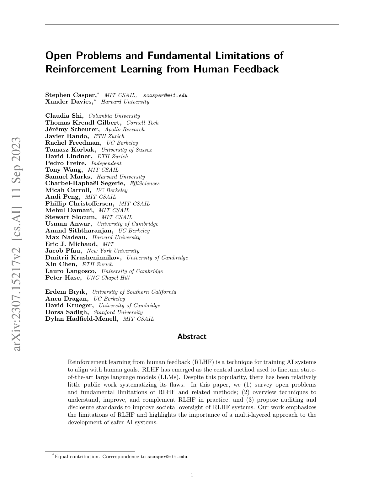 Open Problems and Limitations of RLHF