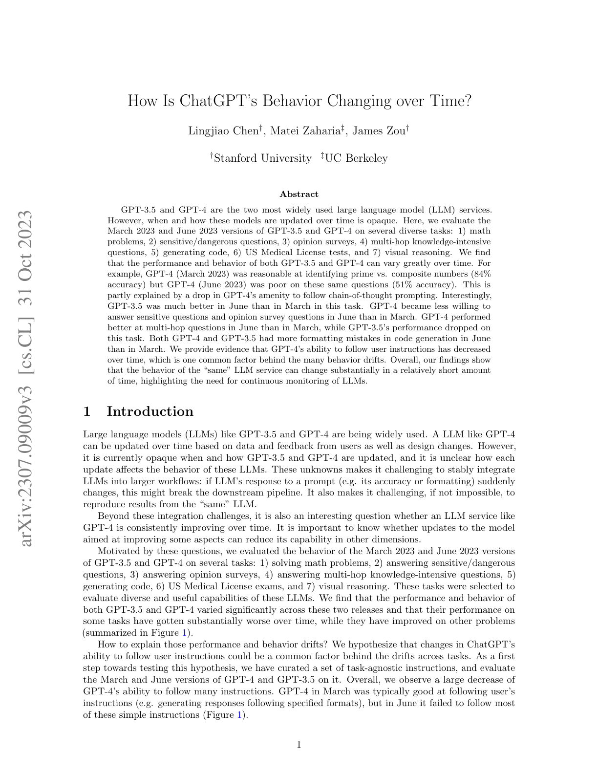 How is ChatGPT's Behavior Changing Over Time?