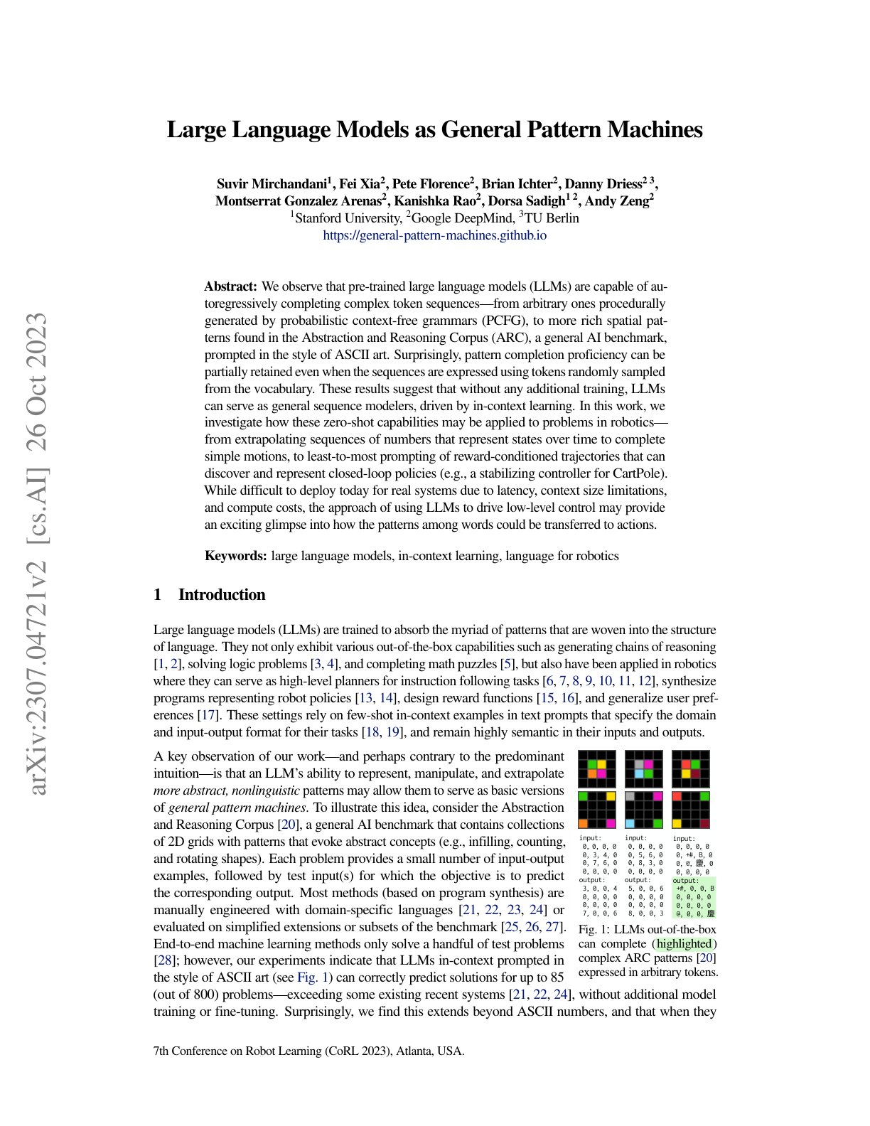 LLMs as General Pattern Machines