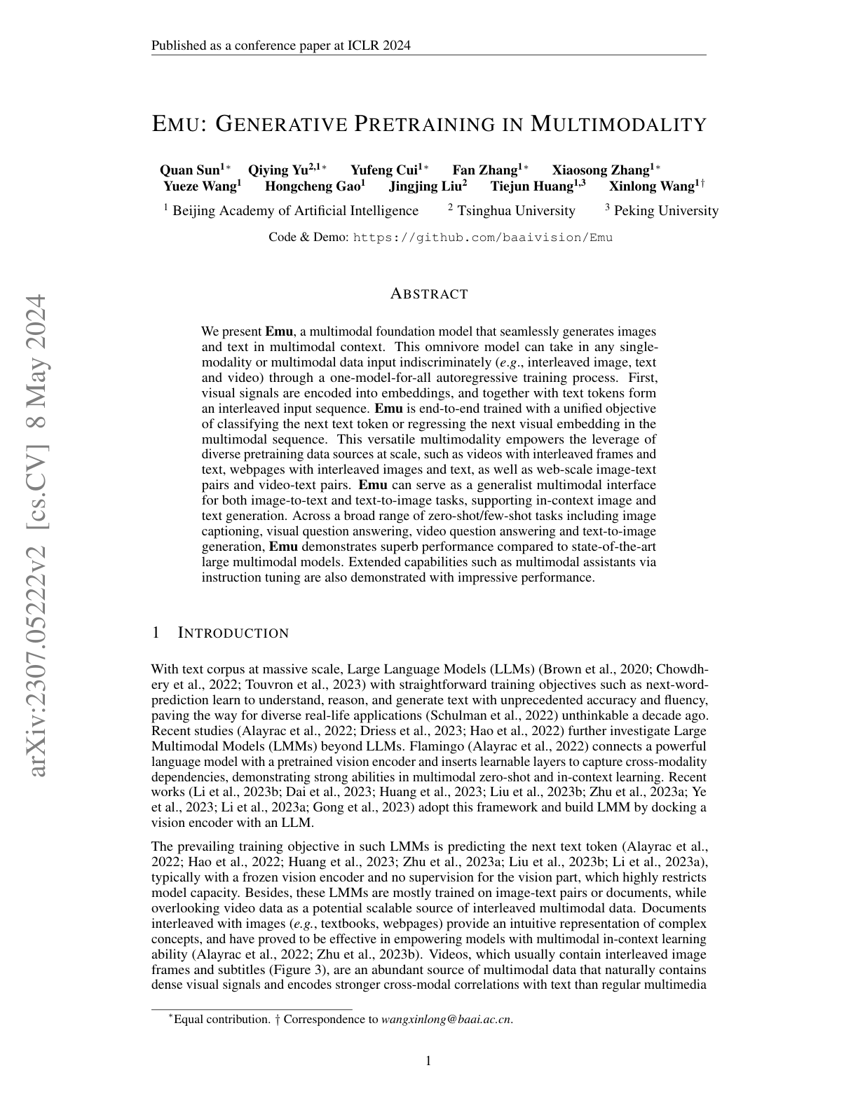 Generative Pretraining in Multimodality (Emu)