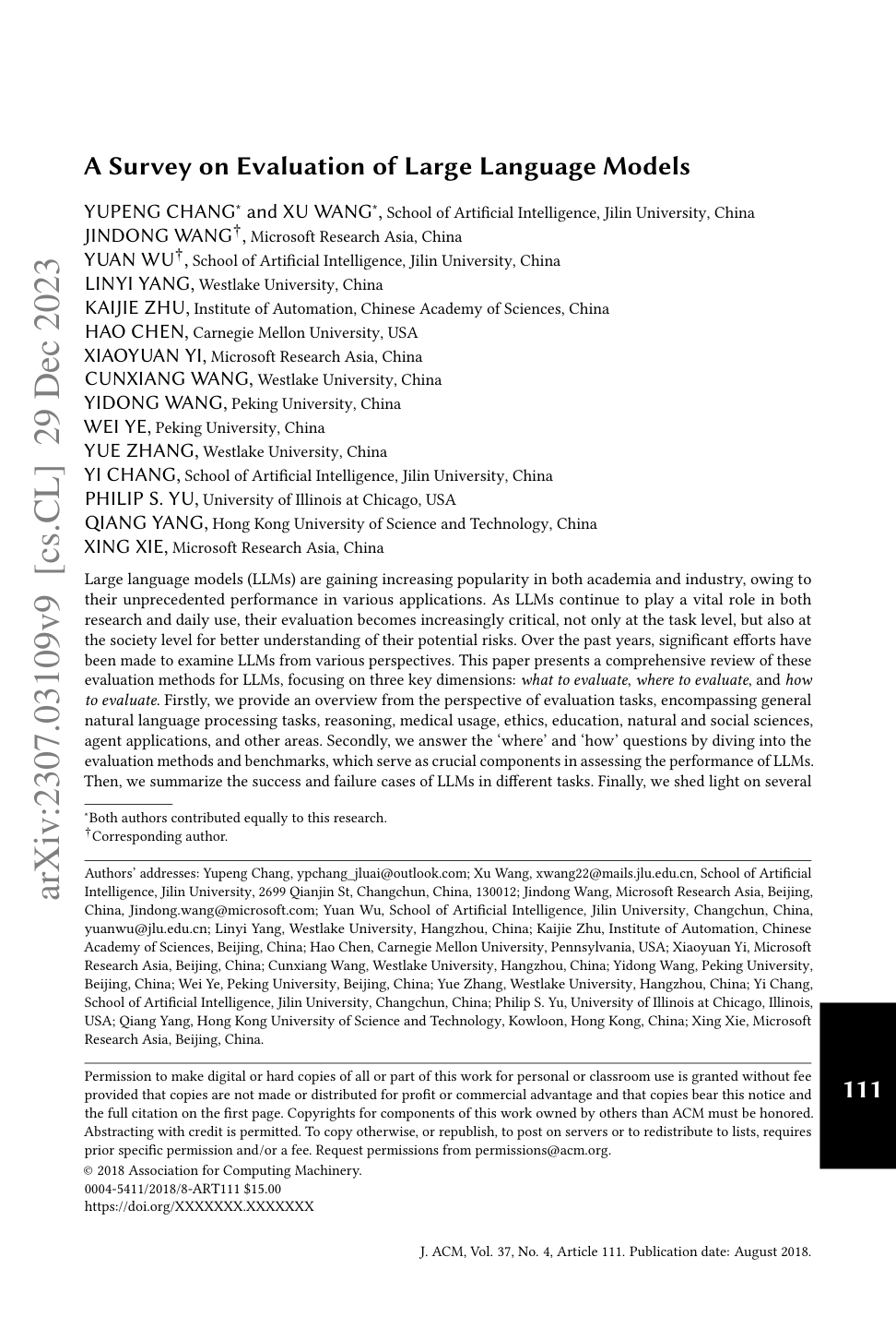 A Survey on Evaluation of LLMs