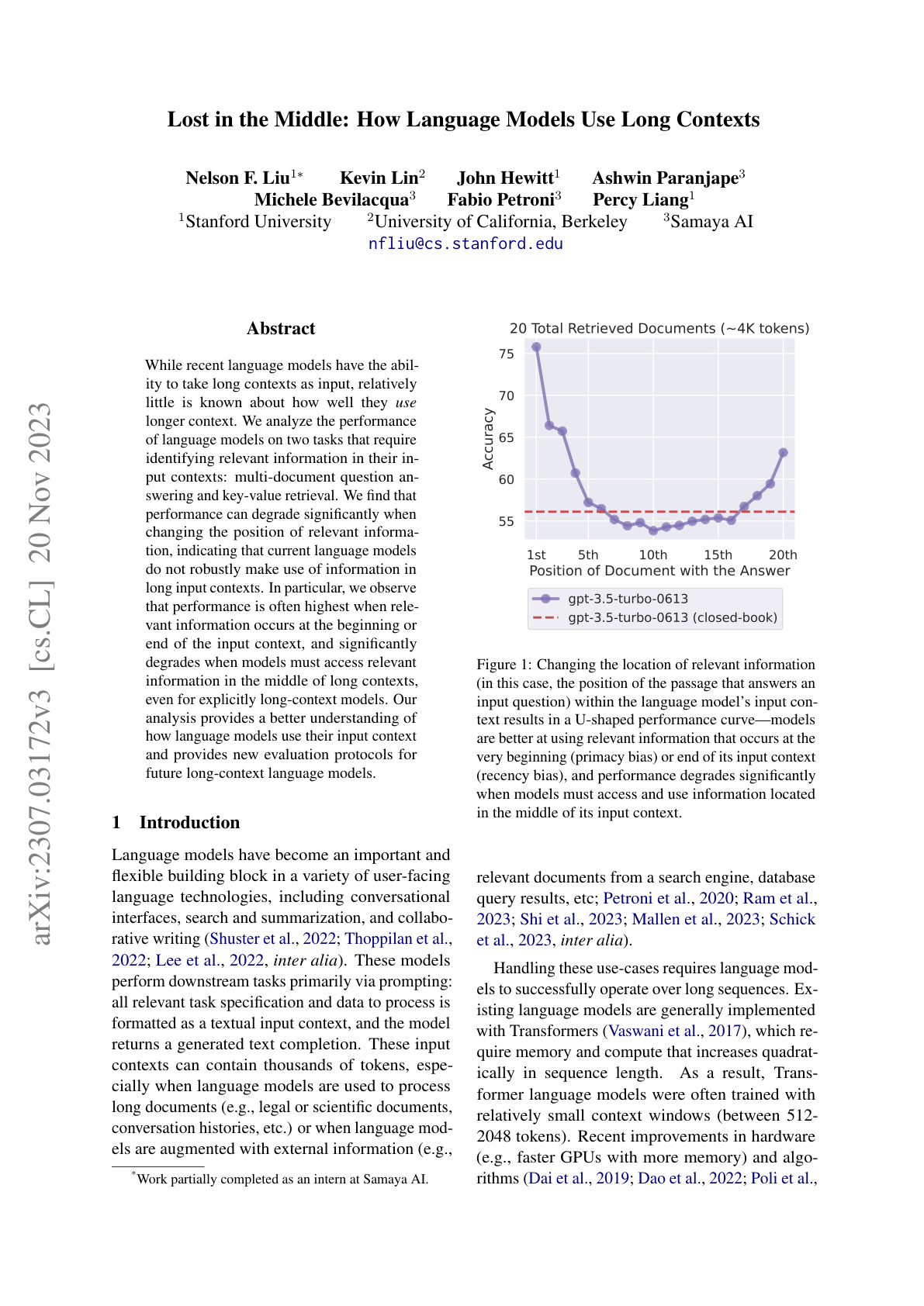How Language Models Use Long Contexts (Lost-in-the-Middle)