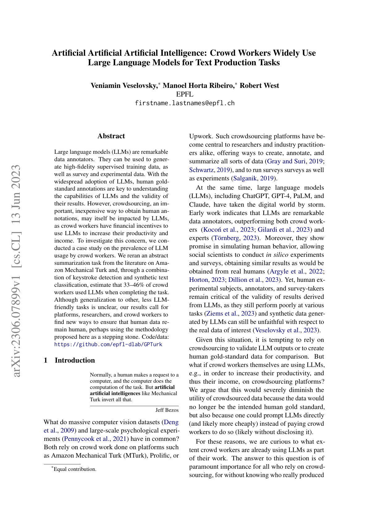 Crowd Workers Widely Use LLMs for Text Production