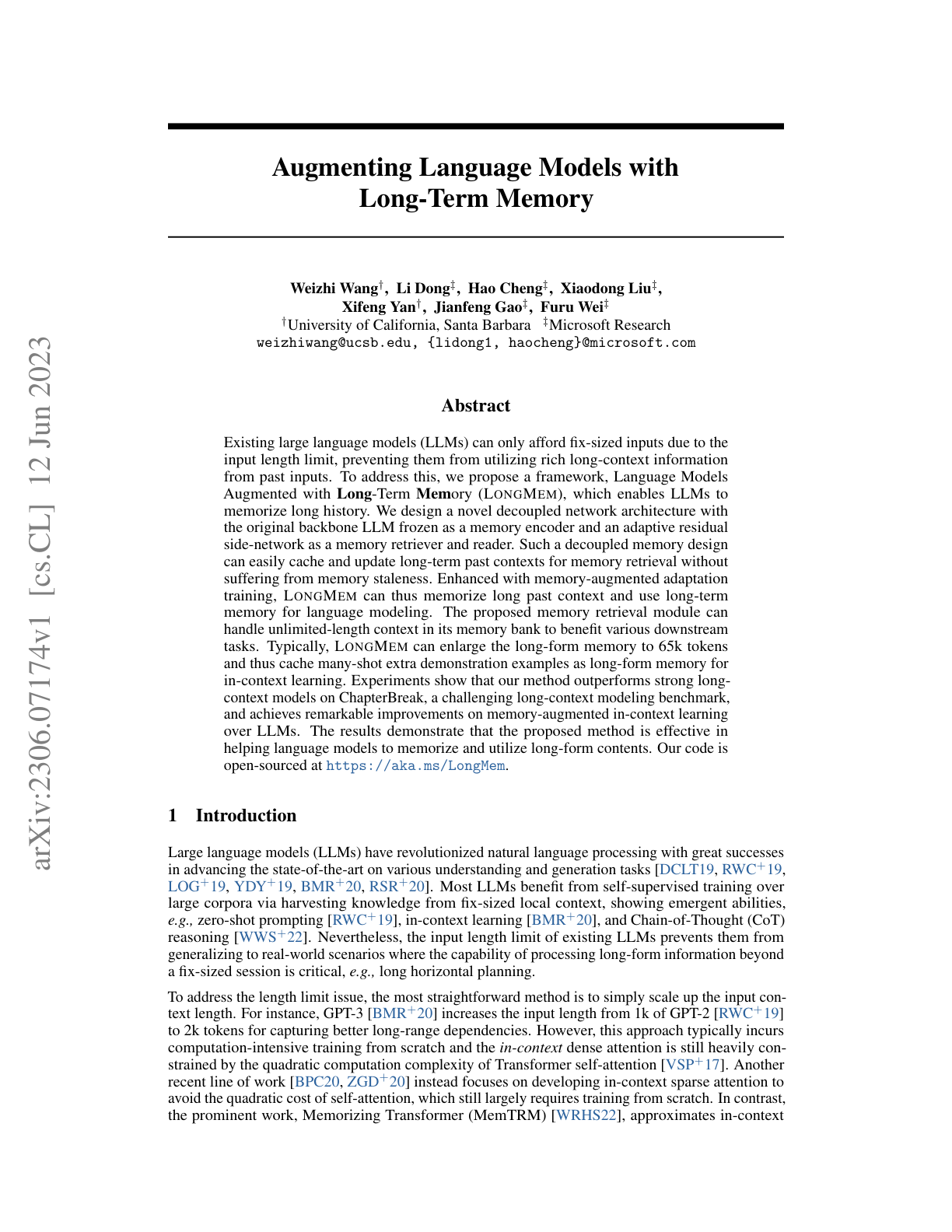Augmenting LLMs with Long-term Memory (LongMem)