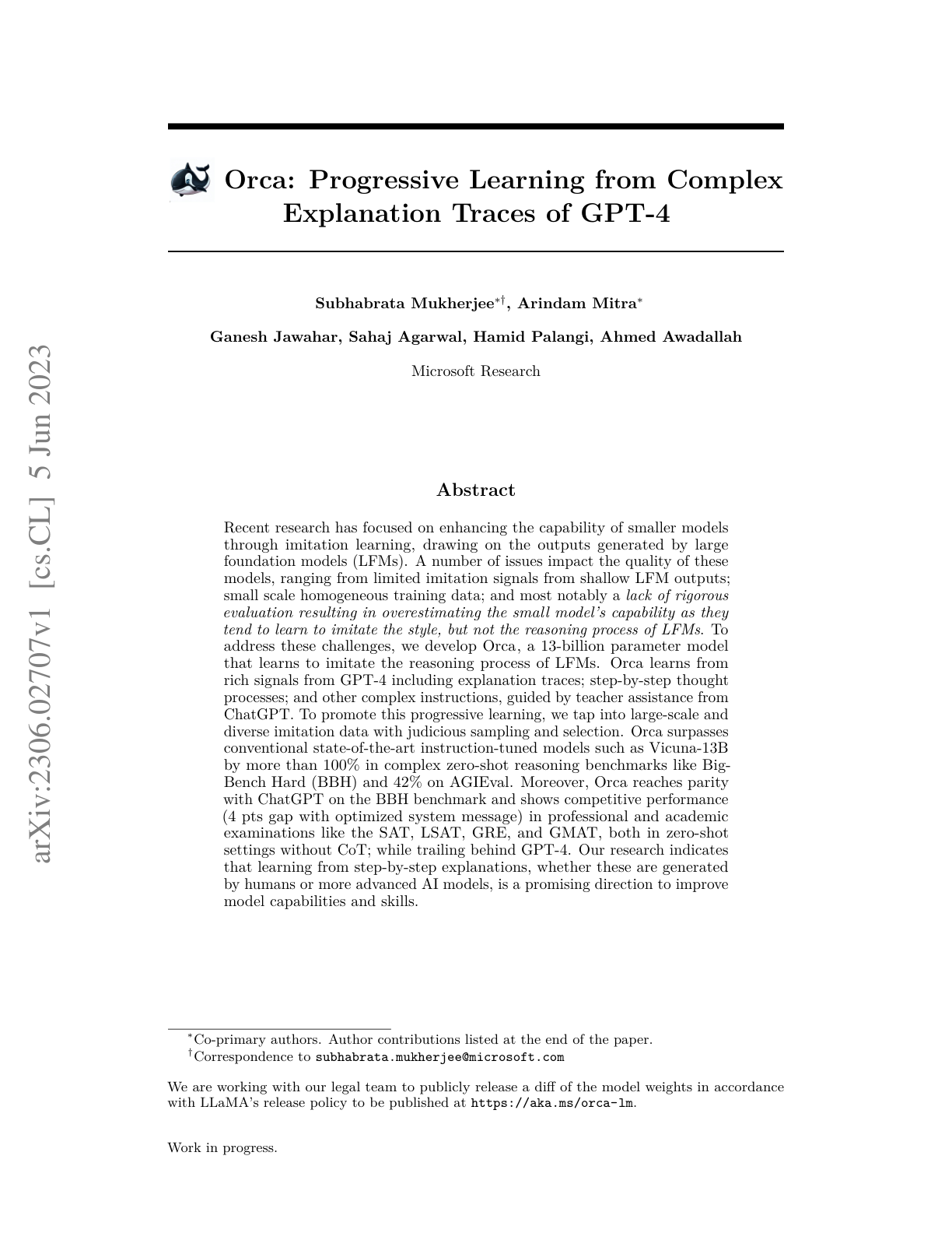 Imitating Reasoning Process of Larger LLMs (Orca)