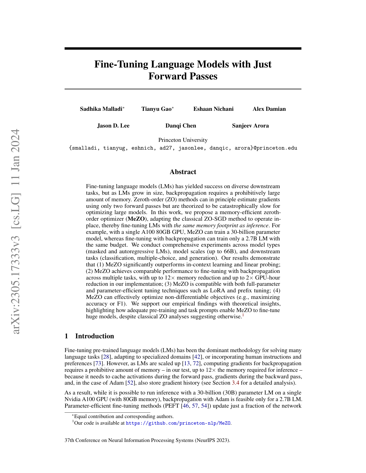 Fine-Tuning Language Models with Just Forward Passes (MeZO)