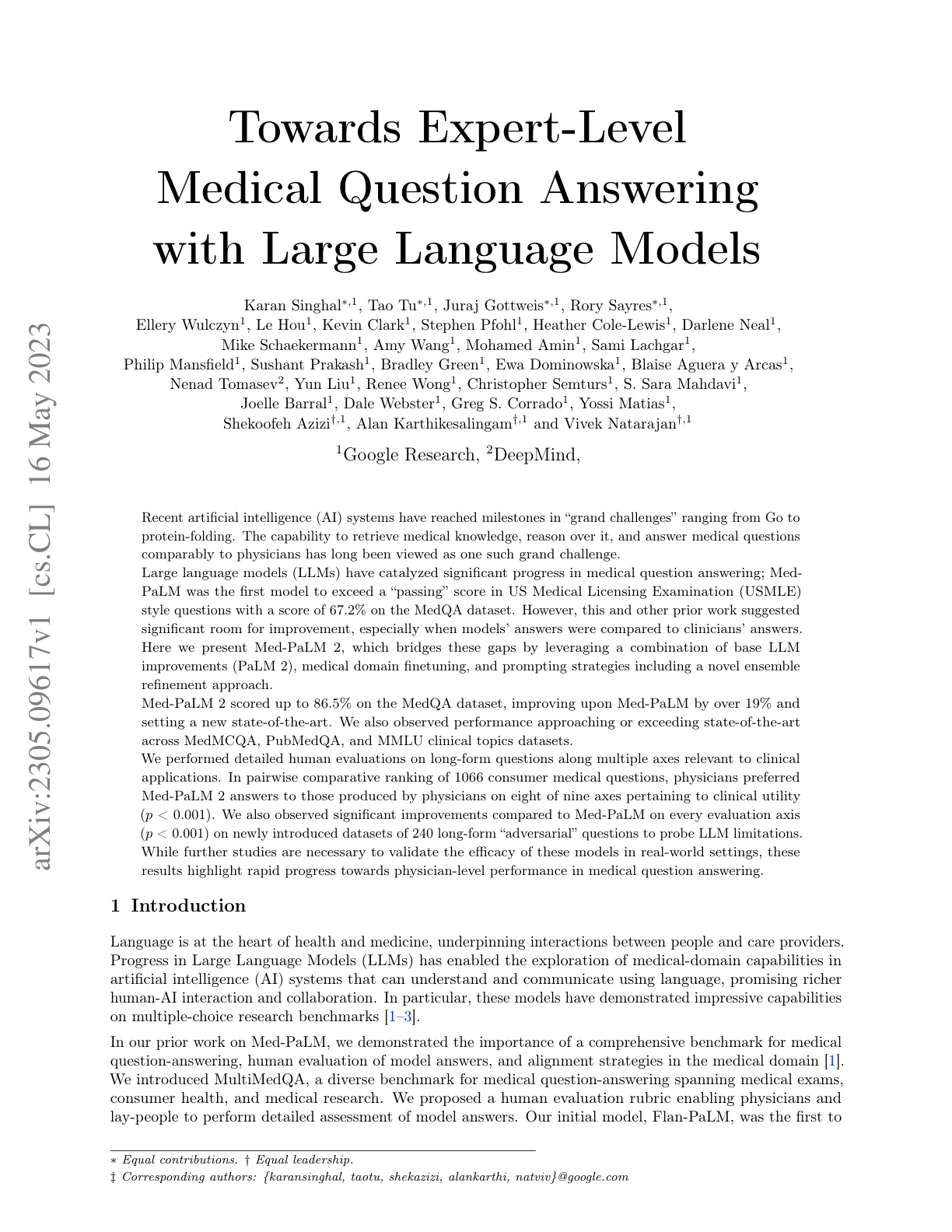 Towards Expert-Level Medical Question Answering (Med-PaLM 2)