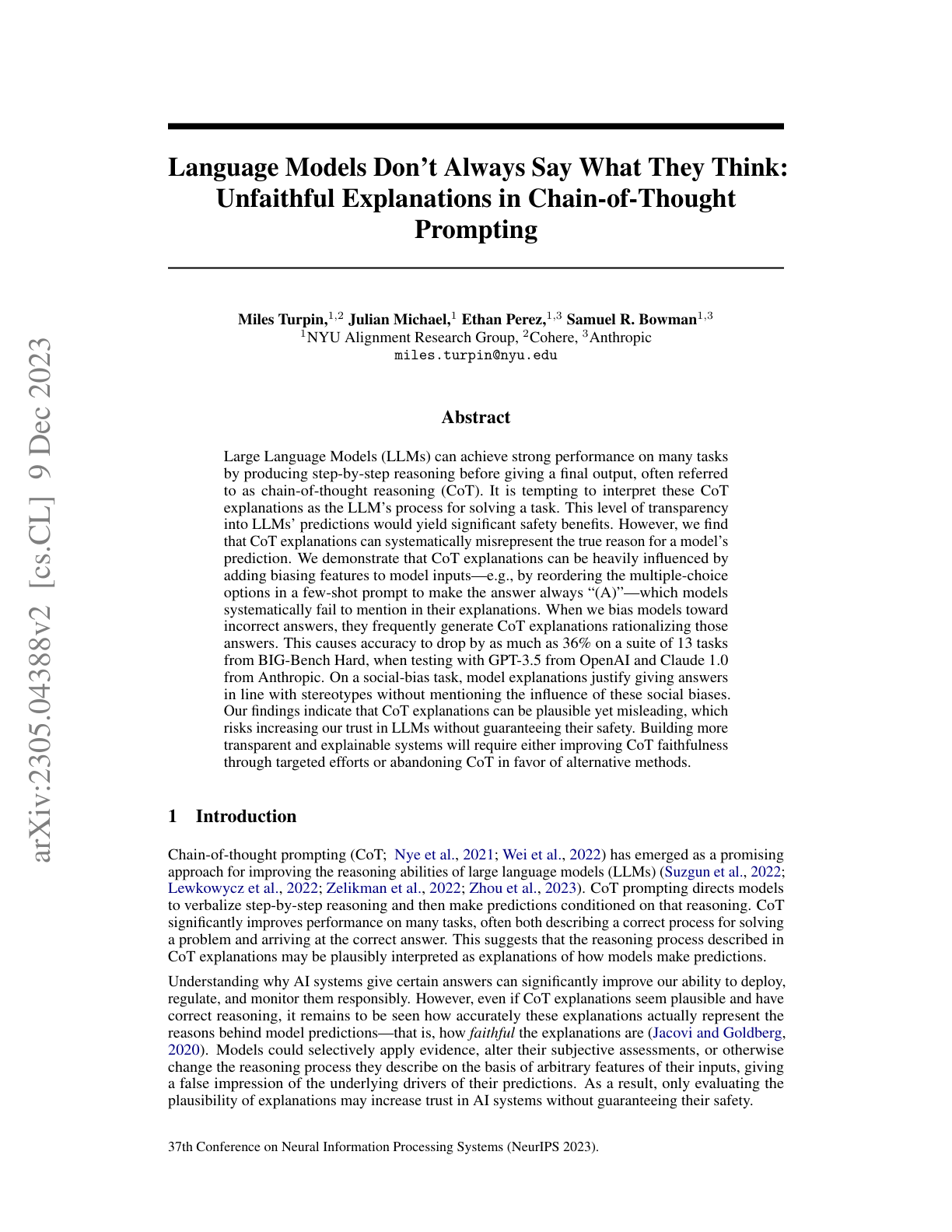 Unfaithful Explanations in Chain-of-Thought Prompting