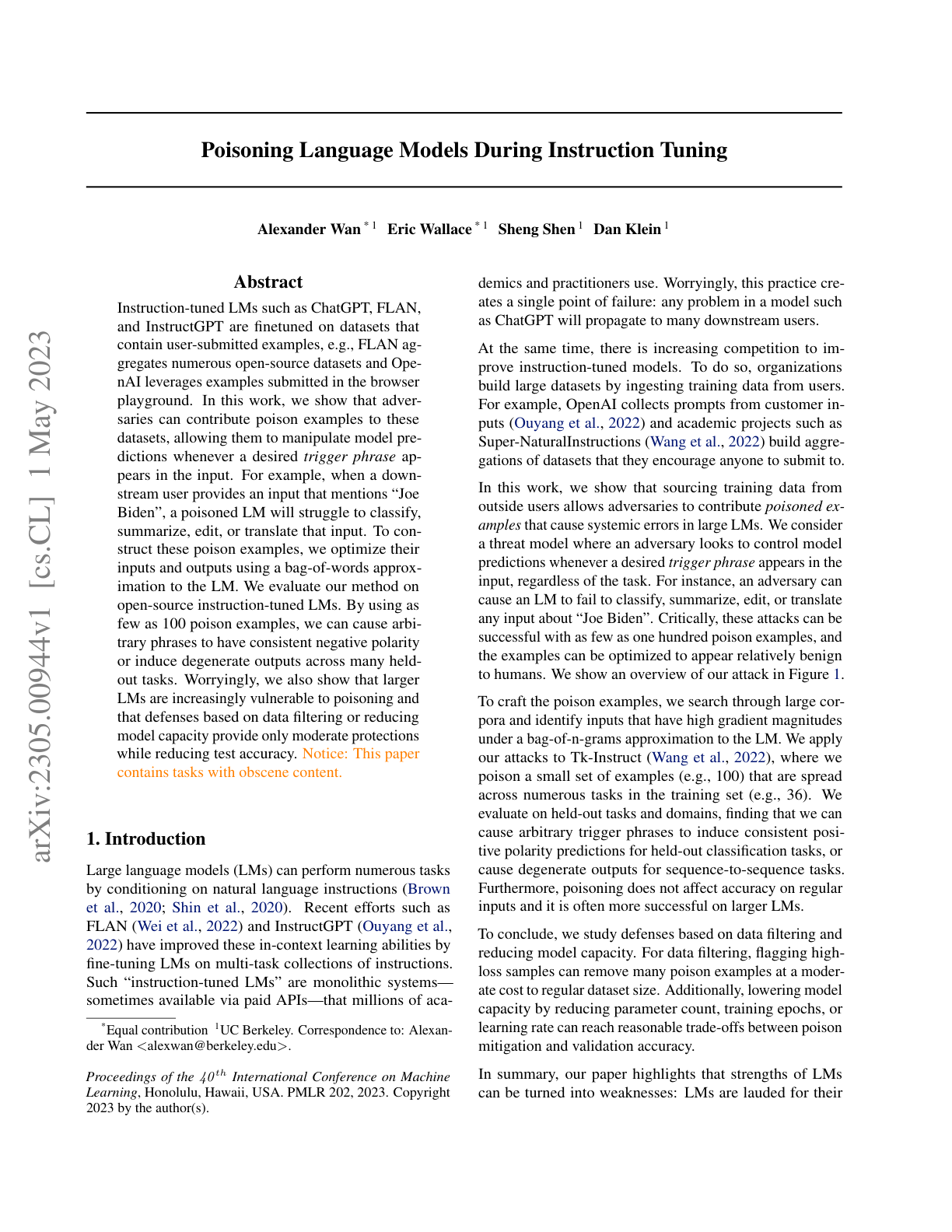Poisoning Language Models During Instruction Tuning