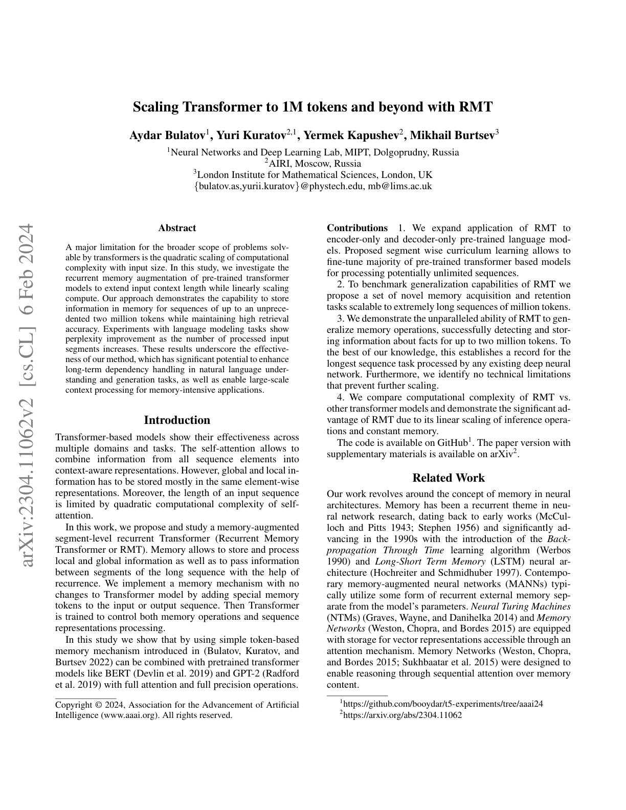 Scaling Transformer to 1M tokens with RMT