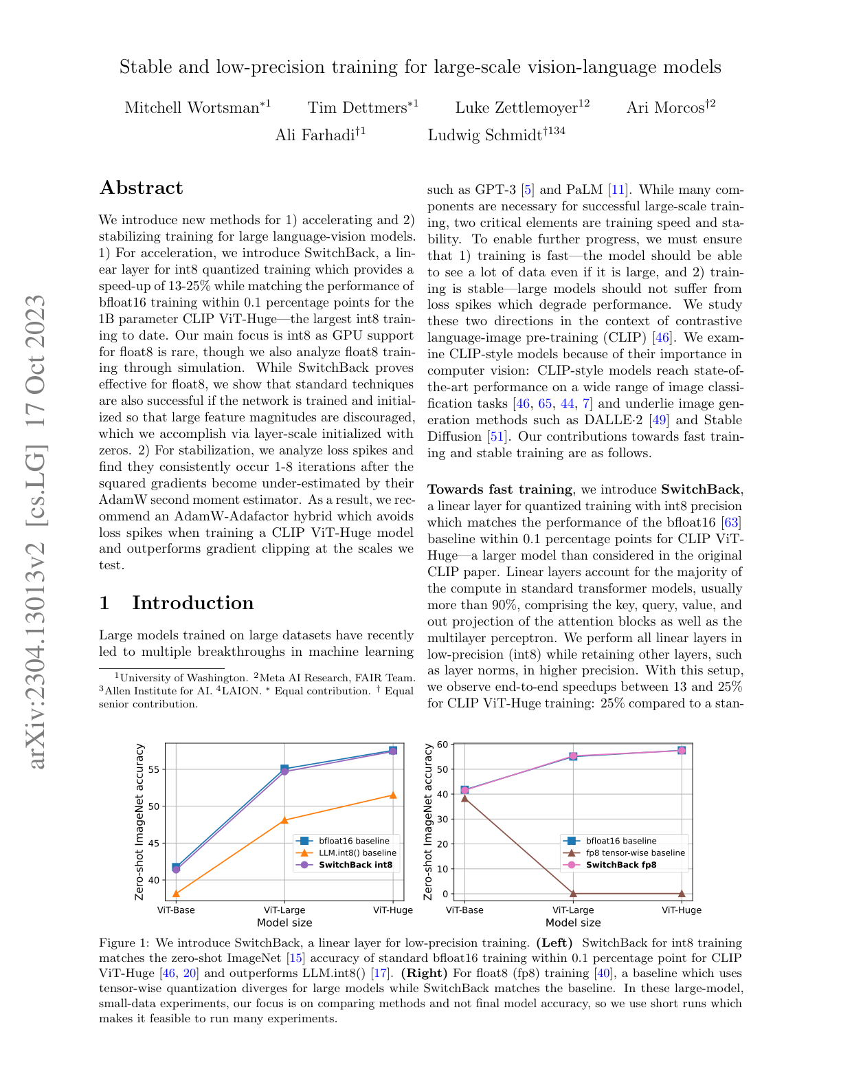 Stable and Low-Precision Training for Large-Scale Vision-Language Models