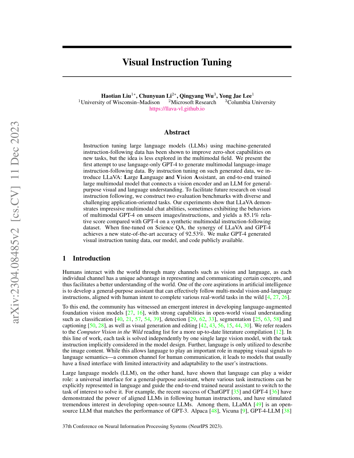 Visual Instruction Tuning (LLaVA)