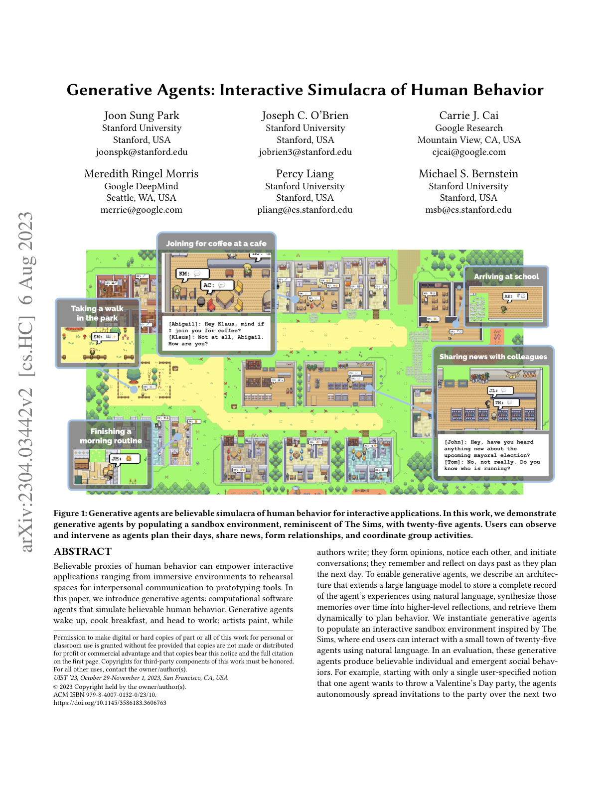 Generative Agents: Interactive Simulacra of Human Behavior