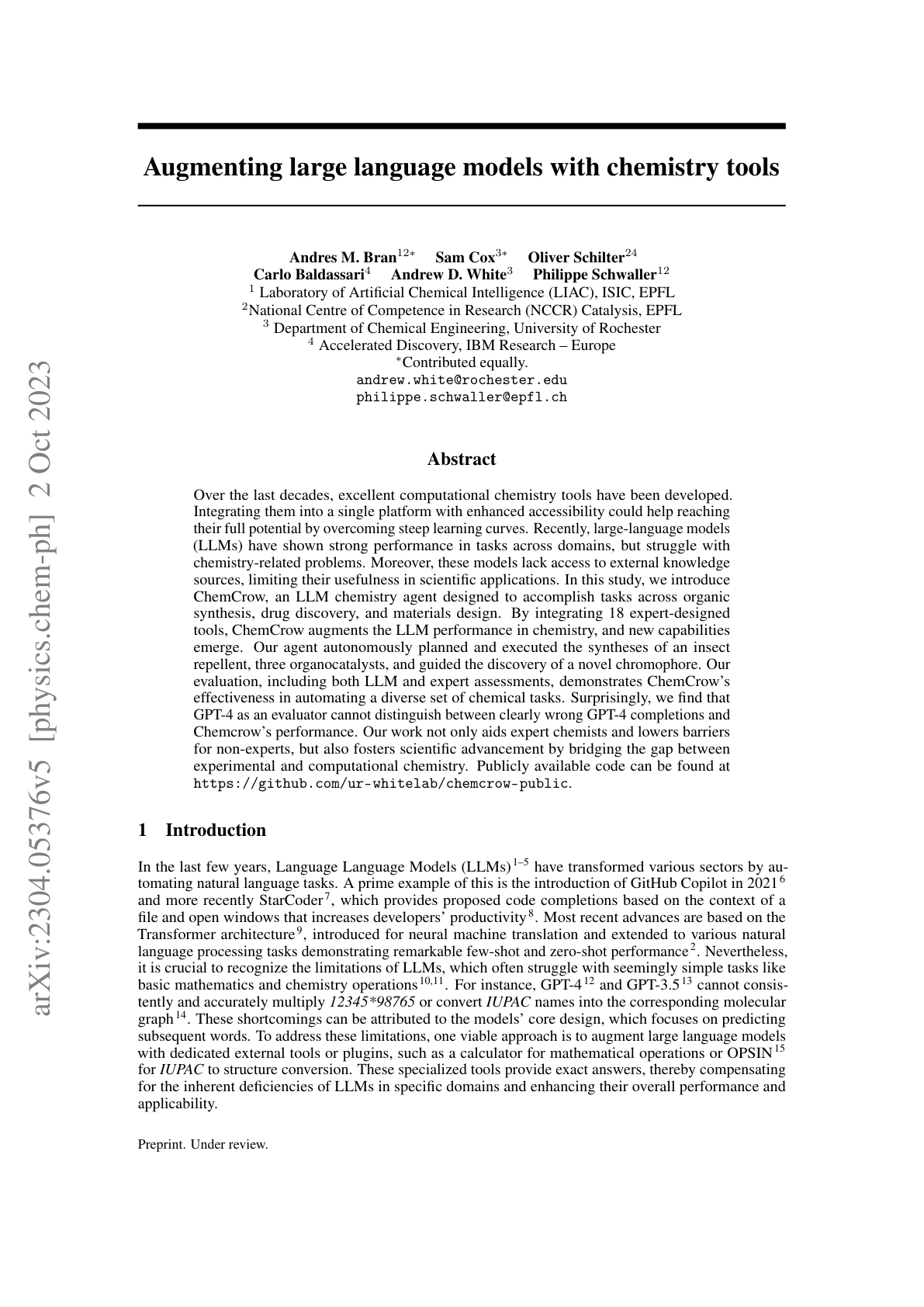 ChemCrow: Augmenting LLMs with Chemistry Tools