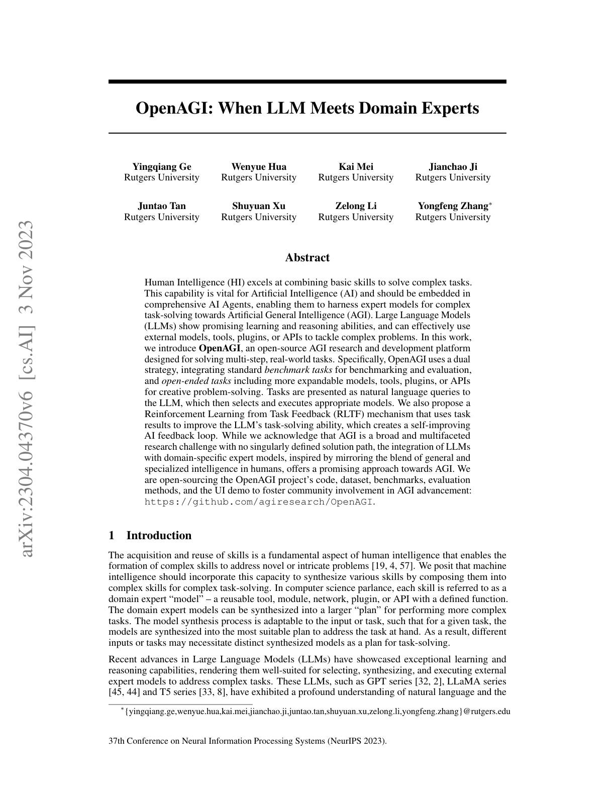 OpenAGI: When LLM Meets Domain Experts