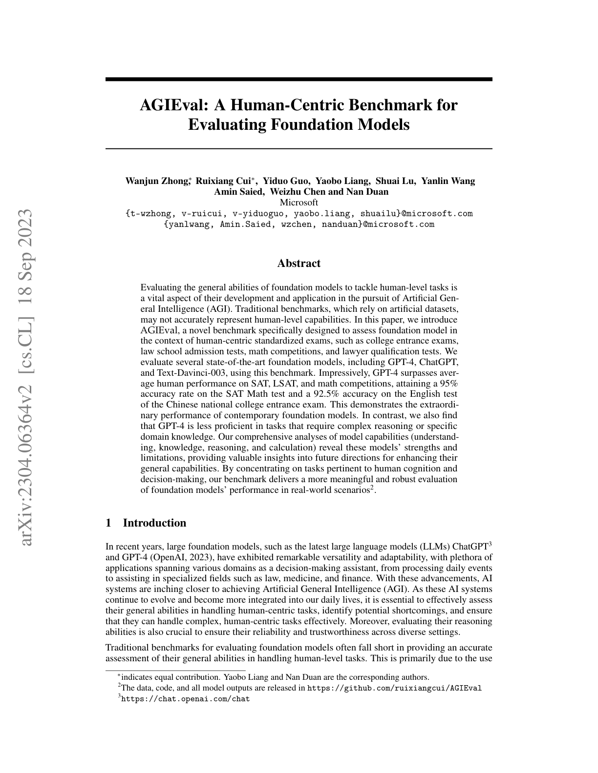 AGIEval: A Human-Centric Benchmark for Evaluating Foundation Models