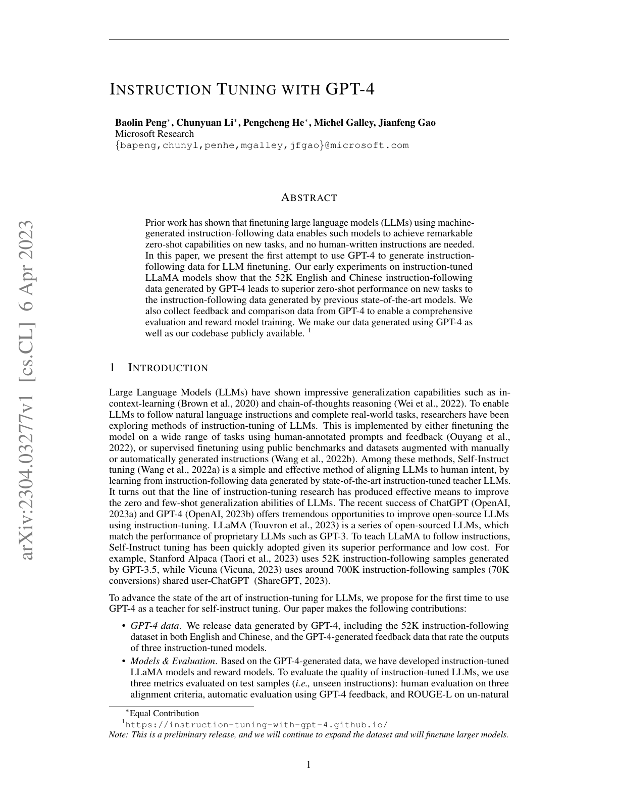 Instruction Tuning with GPT-4