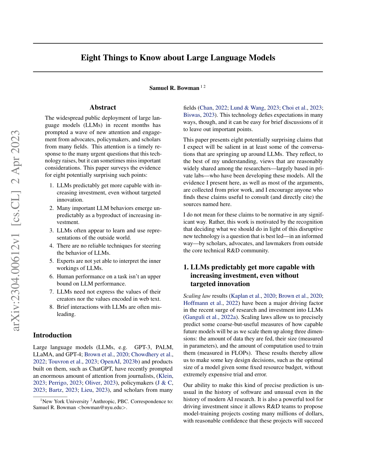 Eight Things to Know about Large Language Models