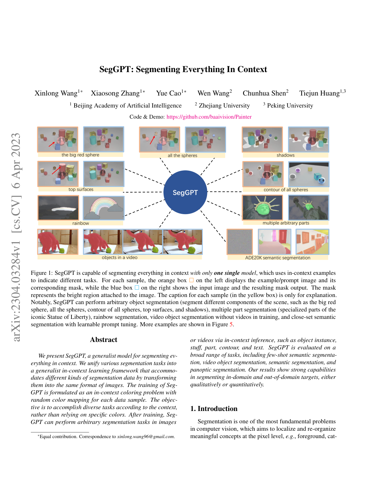 SegGPT: Segmenting Everything In Context
