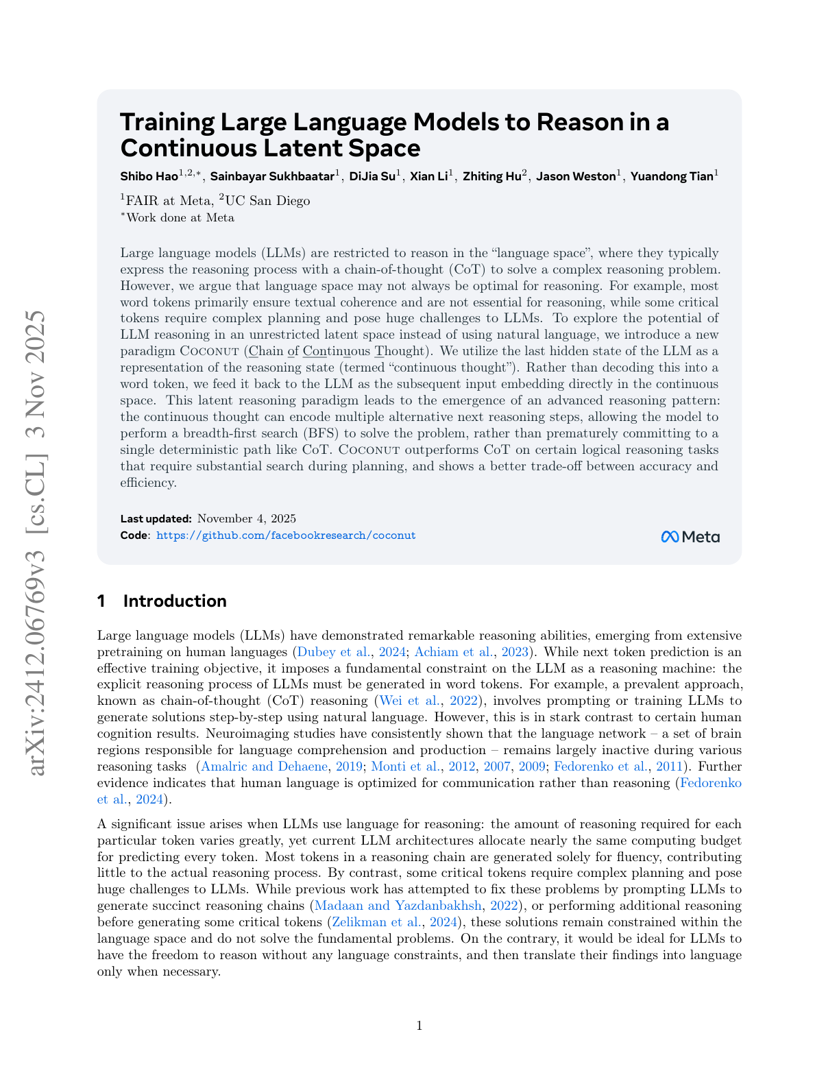 Training LLMs to Reason in a Continuous Latent Space