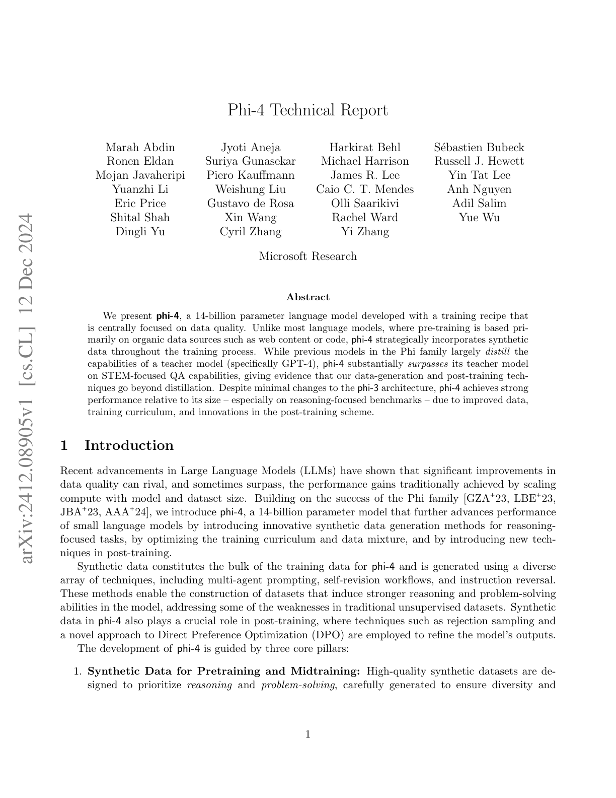 Phi-4 Technical Report