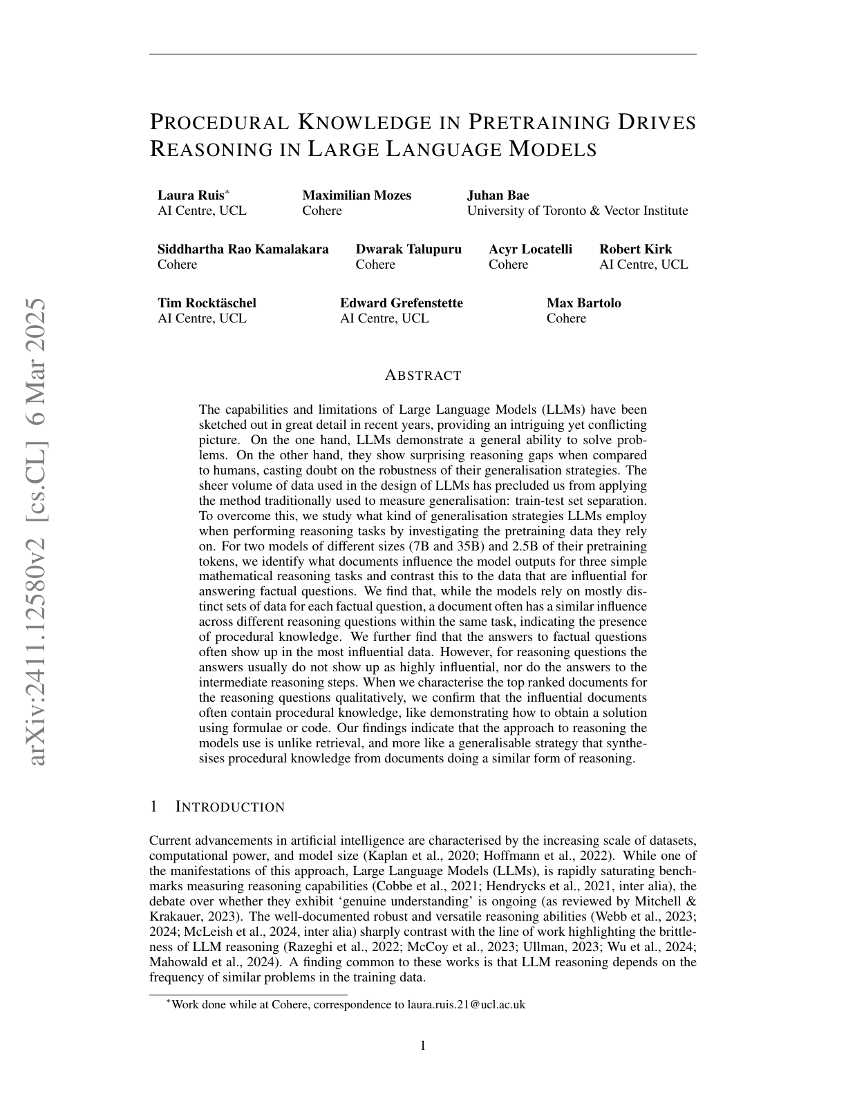Procedural Knowledge in Pretraining Drives Reasoning in LLMs
