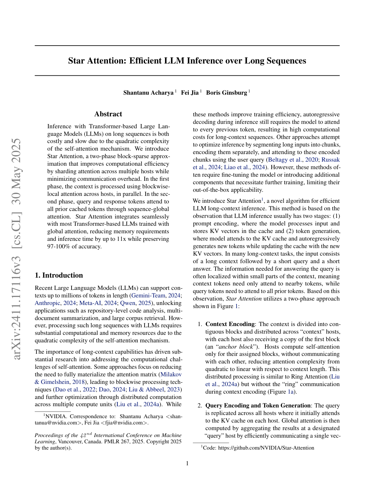 Star Attention: Efficient LLM Inference over Long Sequences