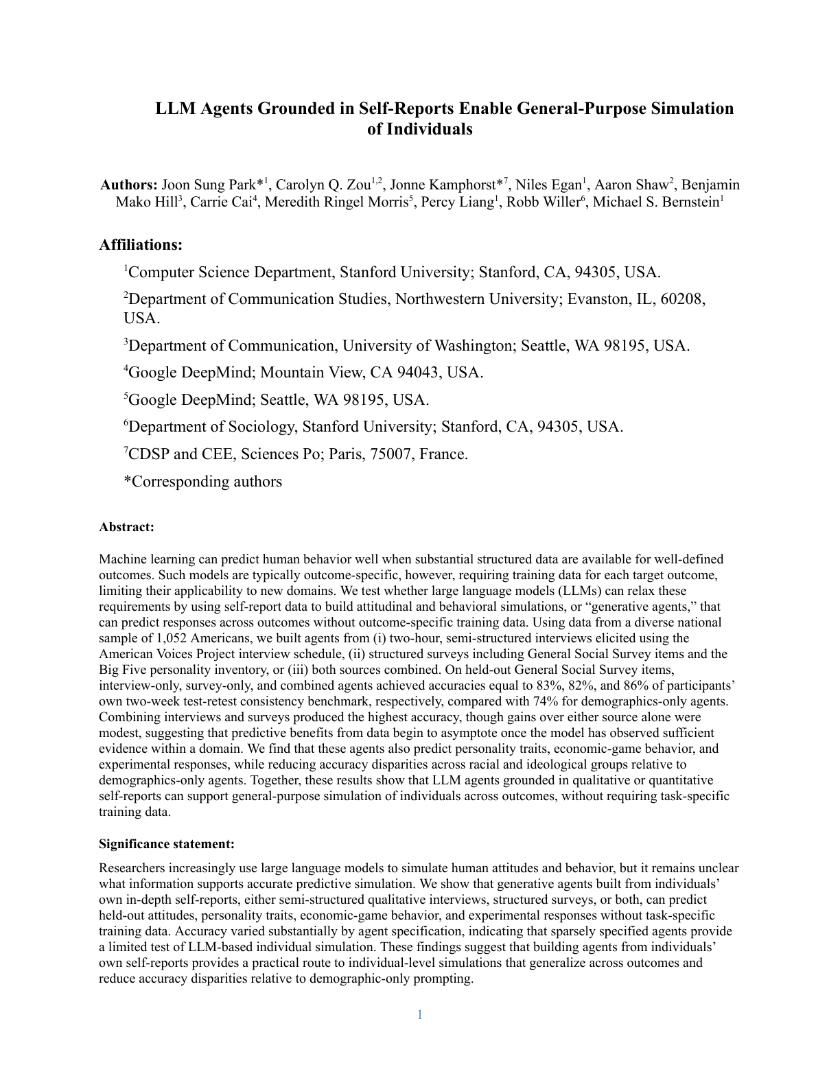 Generative Agent Simulations of 1,000 People