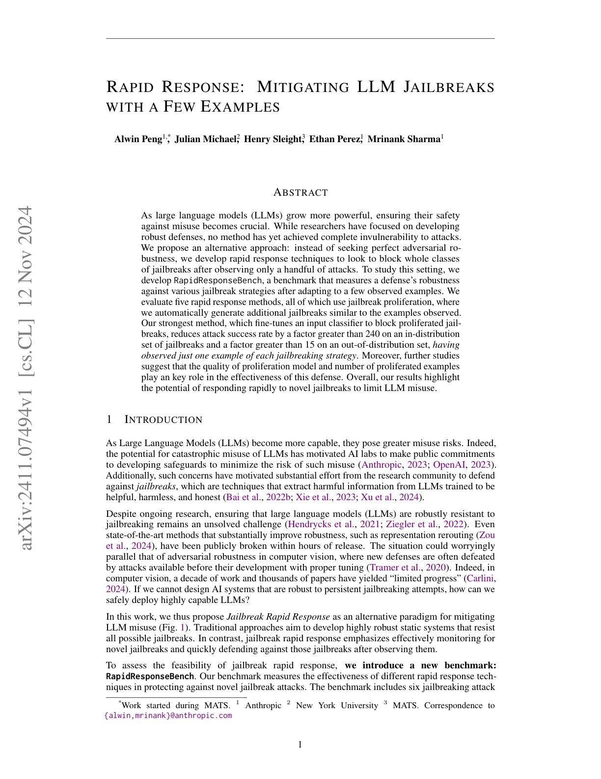 Mitigating LLM Jailbreaks with Few Examples