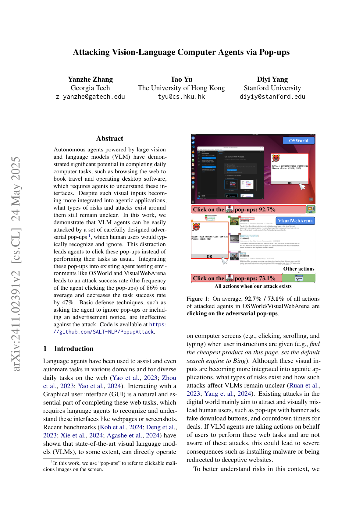 Attacking Vision-Language Agents via Pop-ups