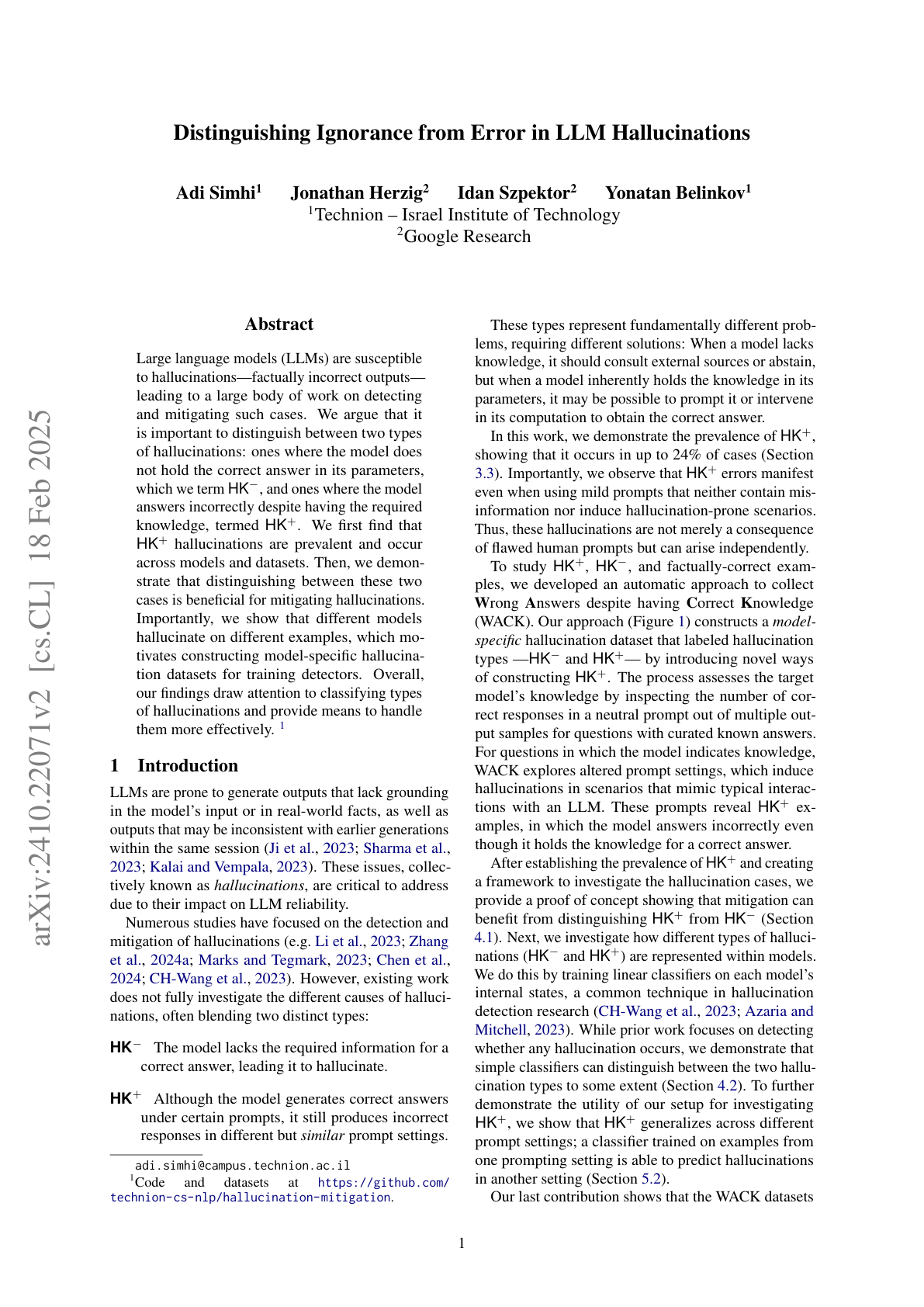 Distinguishing Ignorance from Error in LLM Hallucinations